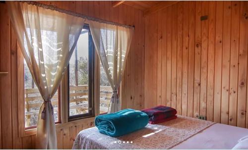 1 dormitorio con 1 cama y ventana con 1 cama sidx sidx sidx sidx en Ocho Aguilas Eco Lodge, en Guanaqueros
