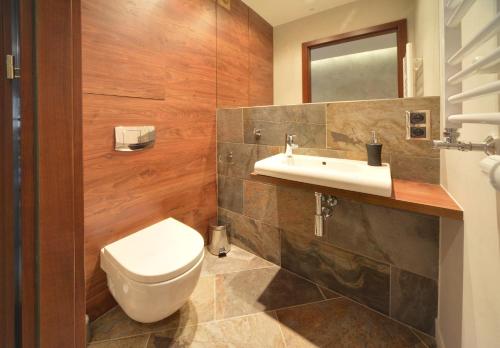 a bathroom with a toilet and a sink at Norweska Dolina Family&Pet-friendly Resort in Szklarska Poręba