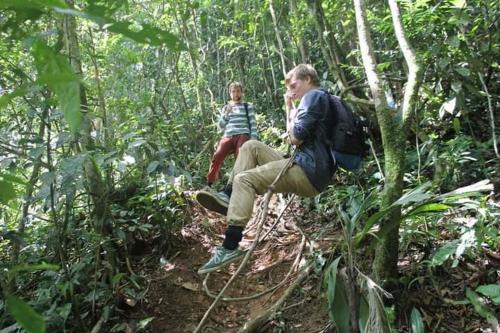 um homem e uma criança num trilho na selva em Tour & Travel Guide em Bukit Lawang