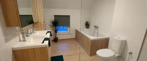 a bathroom with a toilet and a sink and a tub at Appartement Berendries in Brakel