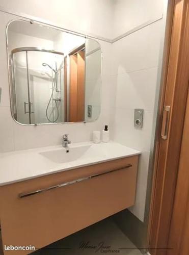 une salle de bain avec un lavabo et un miroir dans l'établissement le Ty Cosy Montagnard la Mongie, à Bagnères-de-Bigorre
