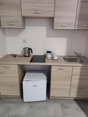 a kitchen with a sink and a counter top at Hostel 36 in Katowice