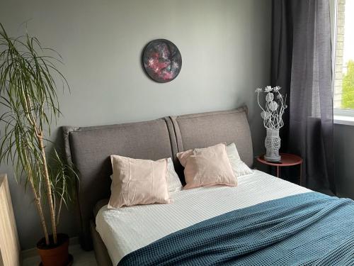 馬爾杜的住宿－Милая квартира в 7 км от Таллинна，一张带两个枕头的床和墙上的时钟