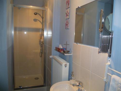 a bathroom with a shower and a sink at La Maison Du Marchand in Peyrat-le-Château