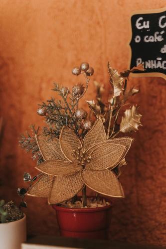 a small plant in a red pot on a table at Pousada Pinhão e Poesia in Canela