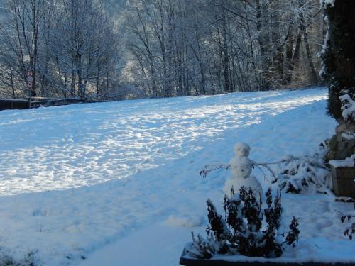 a snowman standing in the middle of a snow covered road at Landhaus Gollner in Uderns