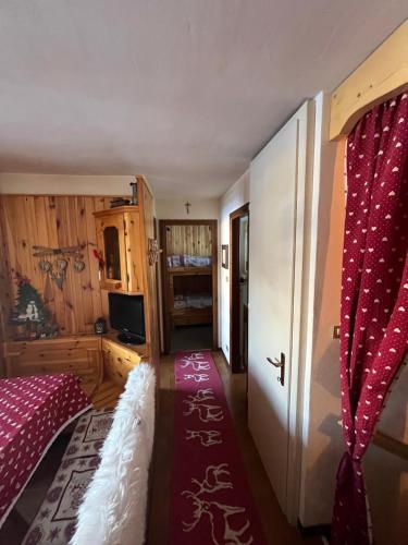 ein Schlafzimmer mit einem Bett und einem TV in einem Zimmer in der Unterkunft Sèn jan apartment 150 mt dalle piste in Pozza di Fassa