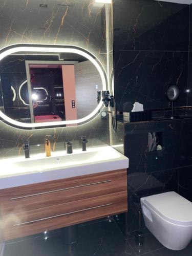 a bathroom with a sink and a mirror and a toilet at NUITS D'HERMES & Spa in Chalon-sur-Saône