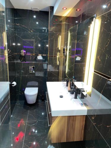 a bathroom with a sink and a toilet and a mirror at NUITS D'HERMES & Spa in Chalon-sur-Saône