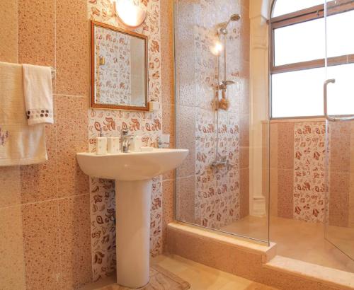 a bathroom with a sink and a shower at Khirfan Crown Houses -downtown in Amman
