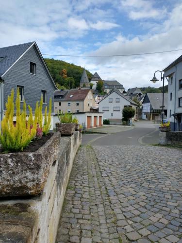 a cobblestone street in a small town with houses at Familien-Apartment SchmitTs Katz 