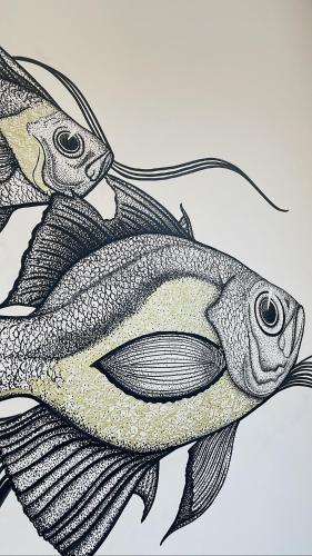 a drawing of two fish on top of each other at Pousada Low Tide maresias in Maresias
