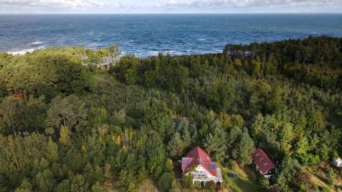 an aerial view of a house with trees and the ocean at Schöne Wohnung mit Kamin in Niechorze