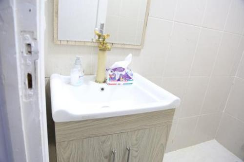 bagno con lavandino bianco e specchio di دريم لاند السادس من أكتوبر a Il Cairo