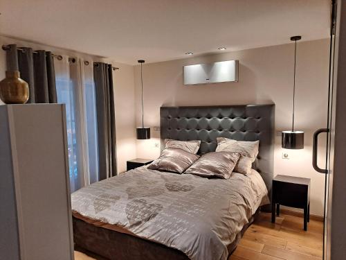 a bedroom with a large bed with two pillows at Boigne Sweet Suite in Chambéry