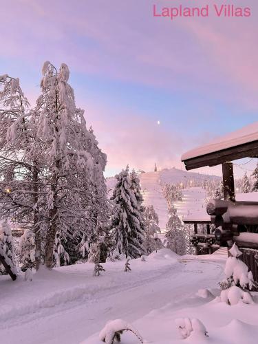 a snow covered yard with trees and a house at Ruka View at the Slopes Ski in, Family & Bike Park, National Park, hike trails - Lapland Villas in Ruka