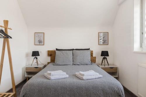 Sainte-Croix-en-PlaineAPPARTEMENT climatisé 70 m2, proximité de COLMAR的卧室里有一张床，床上放着两条毛巾。