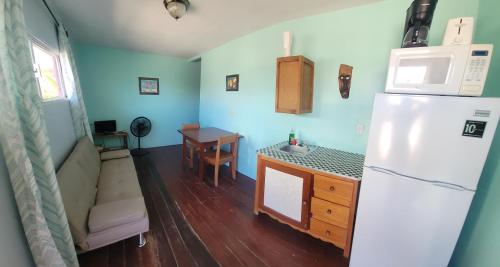 a kitchen with blue walls and a white refrigerator at Axios Sun Apartments Caye Caulker in Caye Caulker