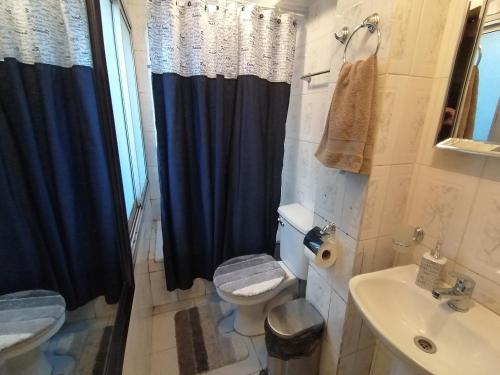 Hostal Santa في كونثبثيون: حمام مع مرحاض وستارة دش زرقاء