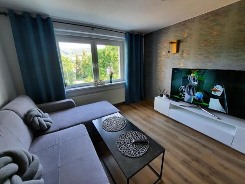 ein Wohnzimmer mit einem Sofa und einem großen Fenster in der Unterkunft Orlicka Apartament in Duszniki-Zdrój