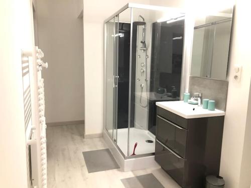 une salle de bain avec une douche en verre et un lavabo dans l'établissement Gîte chez BIBI studio 2 à 4 pers, à Vacqueyras