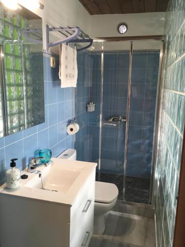 bagno con lavandino, doccia e servizi igienici di loft patri Caleta de Fuste a Caleta De Fuste