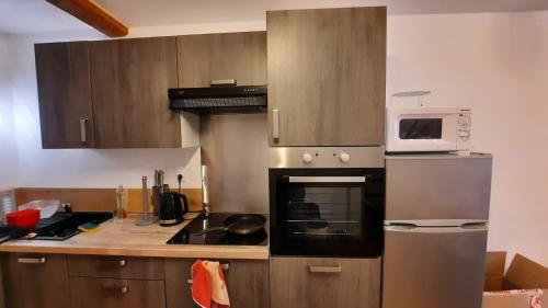 a kitchen with a refrigerator and a microwave at Appartement neuf et cosy 2 à 6 personnes tout équipé in Allevard