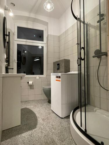 a bathroom with a shower and a toilet and a sink at BISCHOFSBERG Gdańsk City Center Apartments in Gdańsk