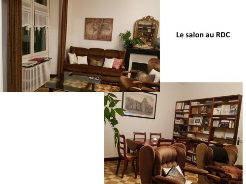- deux photos d'un salon avec un canapé et des chaises dans l'établissement Maison de famille Benaiteau à 10' du Puy du Fou, à Puy-du-Fou