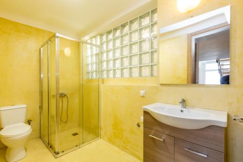 a bathroom with a shower and a sink and a toilet at Psirri Lofts in Athens