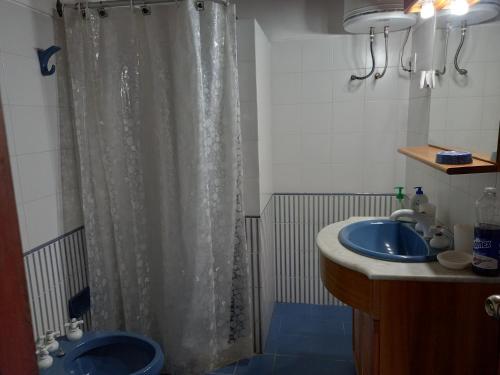 uma casa de banho com uma cortina de chuveiro e um lavatório em Maneki em La Paloma