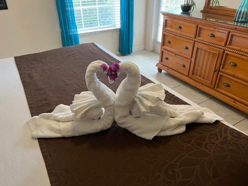 two swans sitting on top of a bed at BAHAMA BAY RESORT in Kissimmee