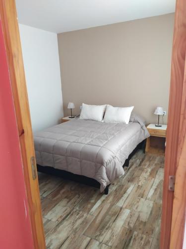 a bedroom with a bed with two tables and two lamps at Departamento Navarro in Malargüe
