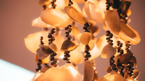 a close up of a chandelier with shells on it at Jandaia Atins in Atins