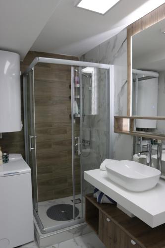 La salle de bains est pourvue d'une douche et d'un lavabo. dans l'établissement Vista Apartmani, à Ribarska Banja