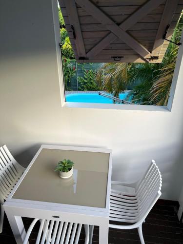 a white table and chairs with a potted plant on it at DUCHARMOY LODGES in Saint-Claude