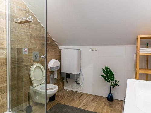 a bathroom with a toilet and a glass shower at Air-conditioned apartments, pool, sauna, Niechorze in Niechorze