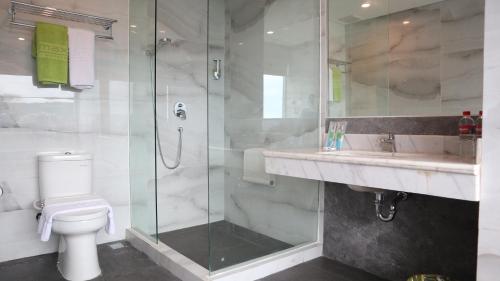 查亞普拉的住宿－MaxOneHotels at Jayapura，带淋浴、卫生间和盥洗盆的浴室