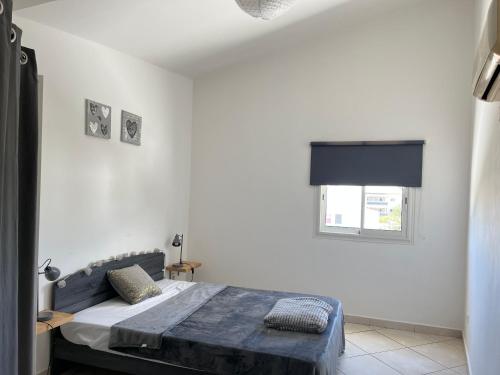 een slaapkamer met een blauw bed en een raam bij Bel appart Étang salé La réunion in Étang-Salé les Bains