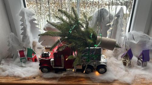 a toy truck holding a christmas tree in a window at Pension U Václava in Janov