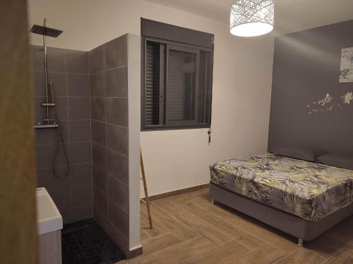 a bedroom with a bed and a shower and a tub at Les Villas RIO Saint André in Saint-André