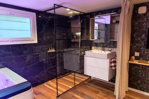 a bathroom with a shower and a sink and a mirror at Studio paisible et balnéo in Vezin-le-Coquet