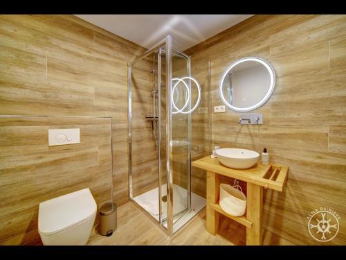 a bathroom with a shower and a toilet and a sink at SANTA MARGALIDA de Alma de Nieve in Bagergue