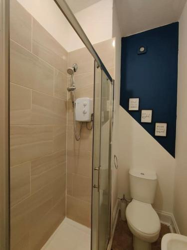 a bathroom with a toilet and a glass shower stall at Newhall Apartment in Birmingham