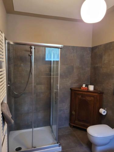 a bathroom with a shower and a toilet at B&B Villa Tavallini in Pollone