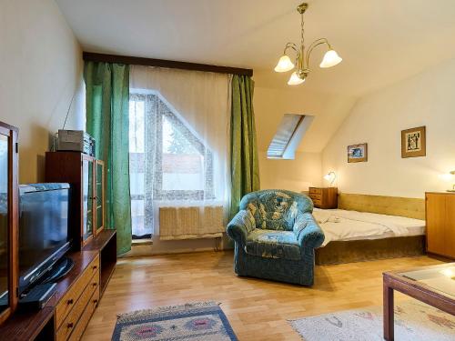 ein Wohnzimmer mit einem Bett, einem Stuhl und einem TV in der Unterkunft Apartment Klondajk - HRA120 by Interhome in Harrachov