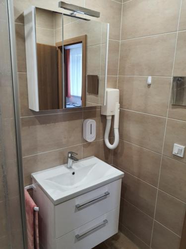 W łazience znajduje się umywalka i lustro. w obiekcie Pension Haus Inge w mieście Zwiesel