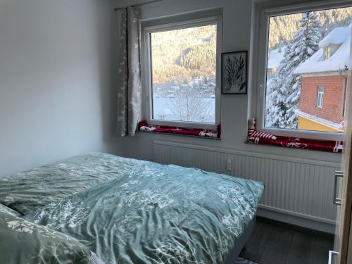 a bedroom with a bed and two windows with snow at Grenzberg Top 20 in Bad Gastein