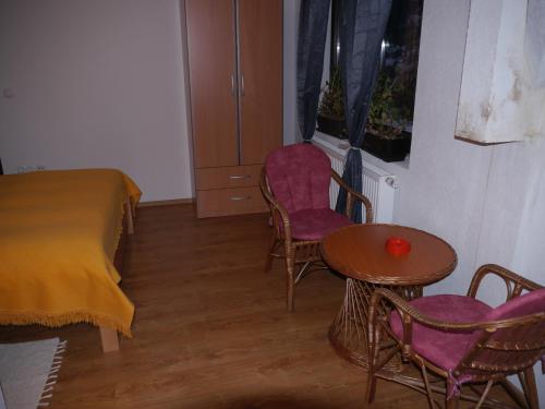 a bedroom with a bed and chairs and a table at Motel Luka in Deževice