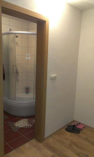 a bathroom with a shower and a tub with a toilet at Motel Luka in Deževice